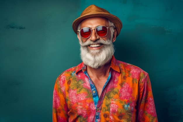 Uomo con una lunga barba bianca che indossa occhiali da sole, camicia e cappello colorati. AI generativa