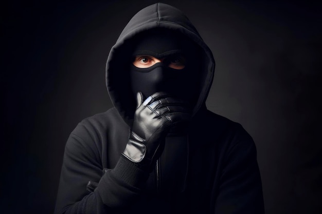Uomo con una maschera da ladro su uno sfondo nero ai generativo