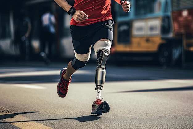 Uomo con una protesi alla gamba che corre in maratona