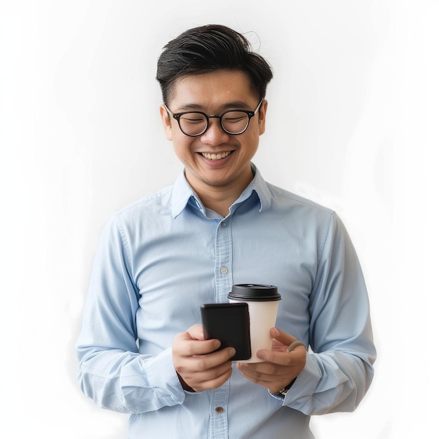 Uomo con una tazza di caffè e un cellulare