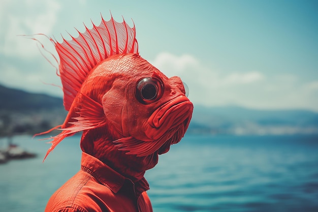 Uomo con una testa di pesce che mescola il surreale e il marino sullo sfondo di un s