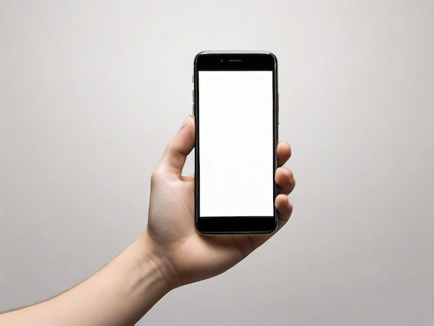 Uomo con uno smartphone con schermo vuoto su sfondo bianco Mockup per il design