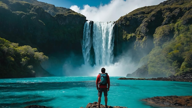 Uomo con uno zaino in piedi davanti a una cascata