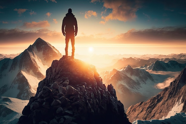 Uomo con vista dell'alba in piedi sulla cima della montagna