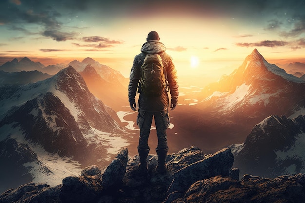 Uomo con vista dell'alba sulla catena montuosa in piedi sul picco roccioso
