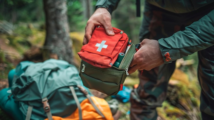 Foto uomo con zaino di primo soccorso in montagna