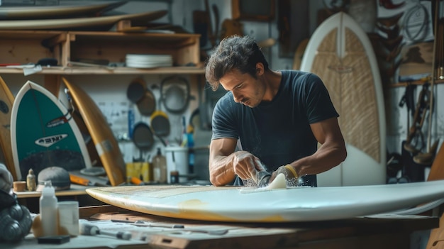 Uomo concentrato che lucida la tavola da surf nel laboratorio