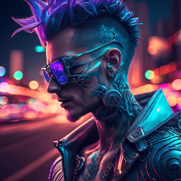 Uomo cyberpunk con città futuristica sullo sfondo Tecnologia AI generativa