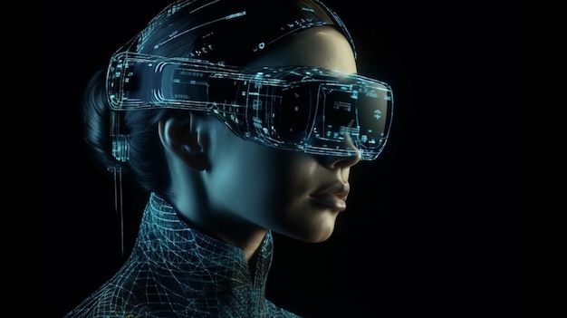 Uomo cyborg con occhiali per realtà virtuale rendering 3D su backgroundgenerativo scuro ai