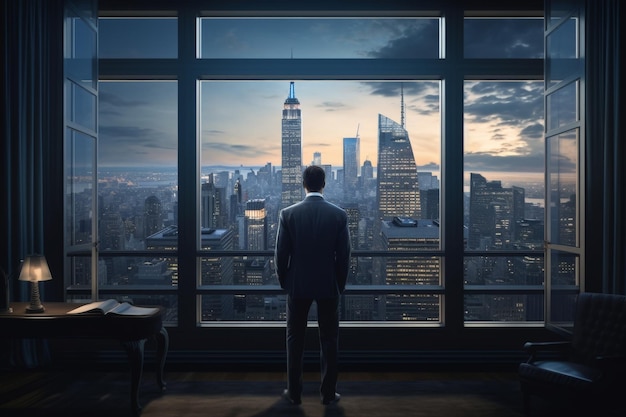 Uomo d'affari al Twilight con vista sullo skyline di New York