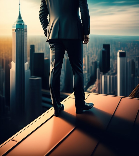 Uomo d'affari ambizioso con una visione in piedi in cima a un grattacielo