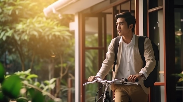 Uomo d'affari asiatico che spinge la sua bicicletta da casa la mattina che si prepara a andare a lavoro in bicicletta