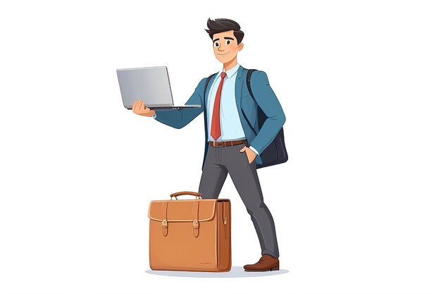 Uomo d'affari asiatico concetto di personaggio dei cartoni animati in abiti da ufficio uomo d'affare bello tiene una valigetta e un portatile