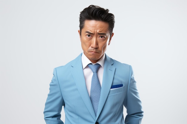 Uomo d'affari asiatico di mezza età in abito azzurro con espressione arrabbiata