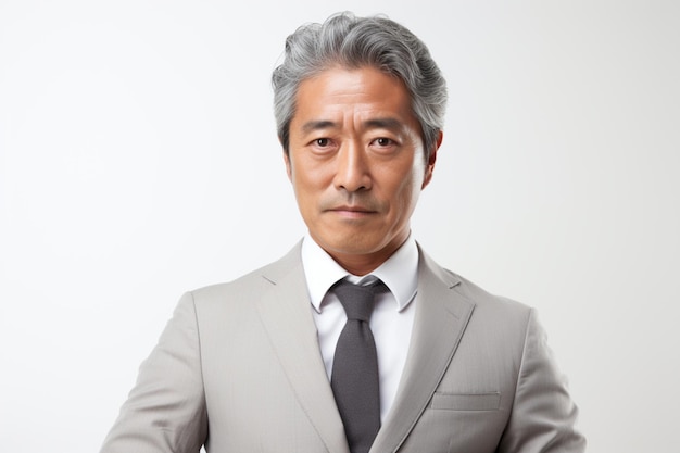 Uomo d'affari asiatico di mezza età in abito grigio con espressione arrabbiata