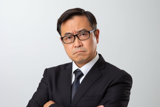 Uomo d'affari asiatico di mezza età in abito nero con un'espressione confusa