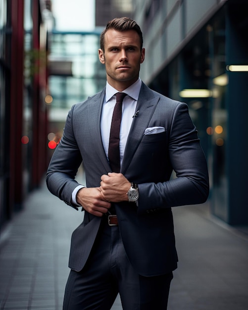 Uomo d'affari atletico atletico che indossa un abito elegante con un orologio elegante sul moderno urbano urbano