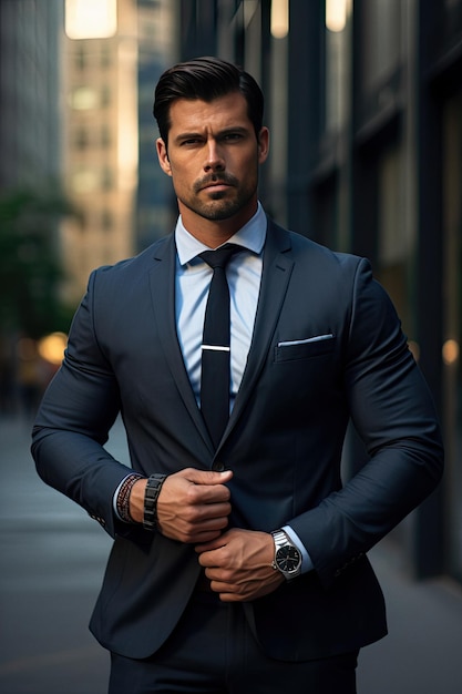 Uomo d'affari atletico atletico che indossa un abito elegante con un orologio elegante sul moderno urbano urbano
