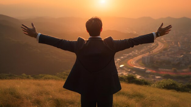 Uomo d'affari che alza le mani in cima alla montagna durante il tramonto Successo vittoria vincitore realizzazione concetto di leadership