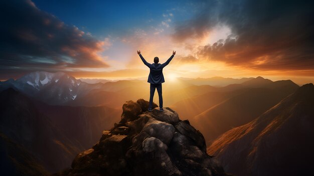 Uomo d'affari che alza le mani in cima alla montagna durante il tramonto Successo vittoria vincitore realizzazione concetto di leadership