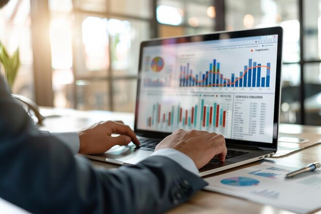 uomo d'affari che analizza diagrammi aziendali e statistiche di marketing sul monitor del portatile in ufficio