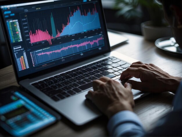 uomo d'affari che analizza diagrammi aziendali statistiche di marketing e grafici di mercato finanziario