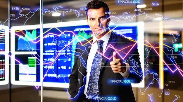 Uomo d'affari che analizza i dati finanziari del grafico a linee con un touch screen dall'intelligenza artificiale generativa