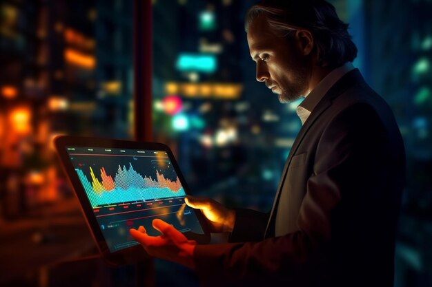 Uomo d'affari che analizza i grafici delle tablet notturne
