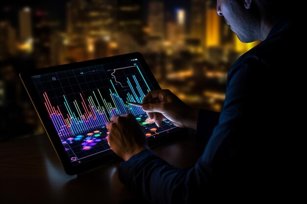 Uomo d'affari che analizza i grafici delle tablet notturne