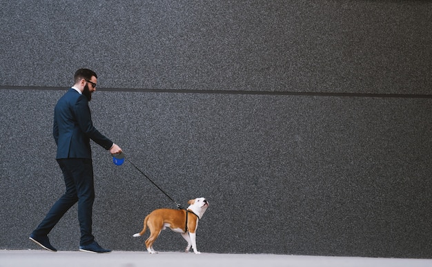 Uomo d'affari che cammina cane in strada.