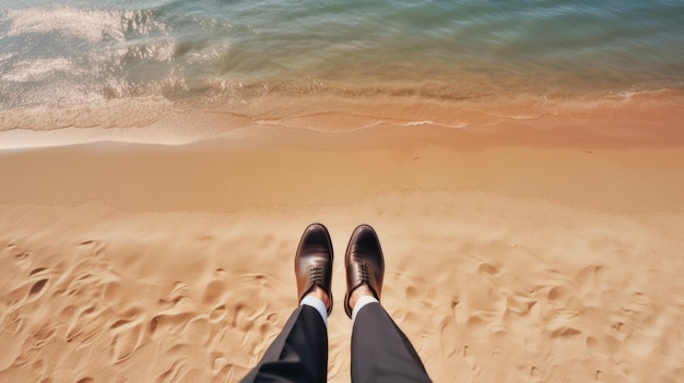 Uomo d'affari che cammina con le scarpe sulla sabbia e sulla spiaggia Creato con la tecnologia generativa AI