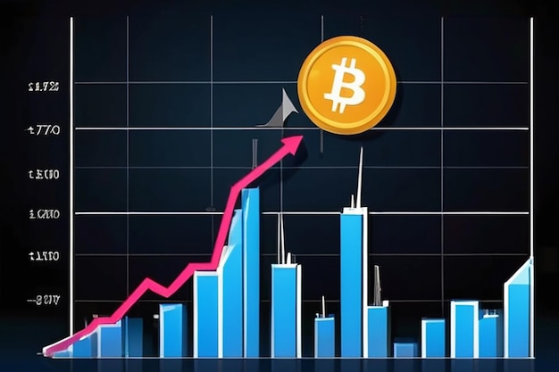 Uomo d'affari che cerca di tenere Bitcoin di fronte al grafico in aumento della crescita delle azioni di Bitcoin