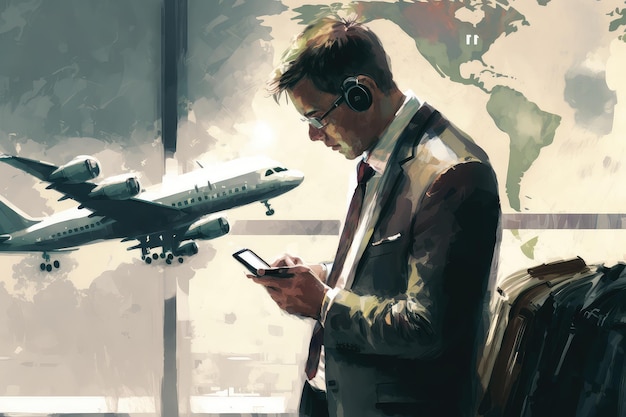 Uomo d'affari che controlla lo stato del volo sul suo smartphone mentre aspetta il suo volo