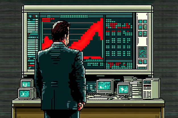Uomo d'affari che guarda i monitor dei computer per scambiare grafica in stile pixel art di analisi finanziaria azionaria
