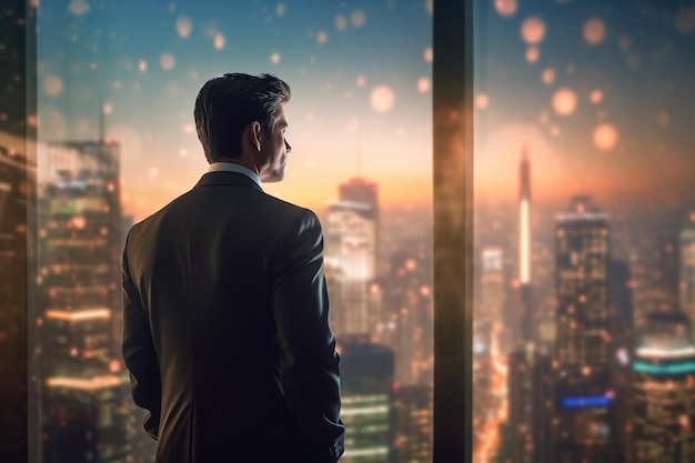 Uomo d'affari che guarda lo skyline della città con l'AI generativa