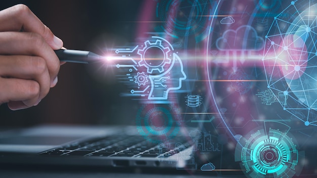 Uomo d'affari che indica la penna all'icona virtuale dell'IA Futuro