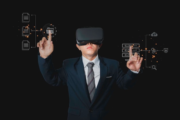 Uomo d'affari che indossa l'auricolare VR virtuale Global business connection metaverse Document Management System