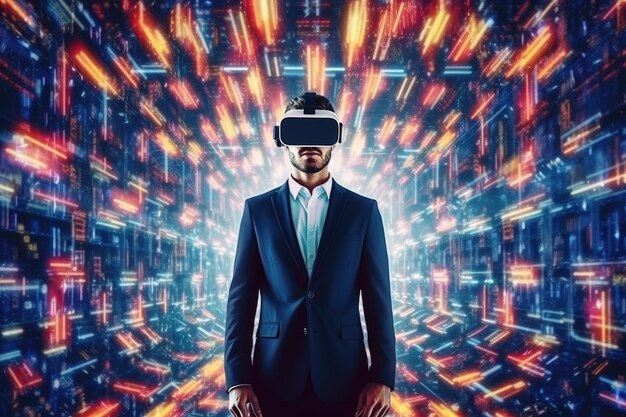 Uomo d'affari che indossa la realtà virtuale con trasferimento digitale di big data dal cervello a un software vivace che mostra un'immagine AI generativa con tecnologia futuristica