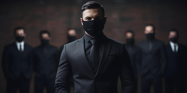 Uomo d'affari che indossa una maschera protettiva durante una riunione o una conferenza Concept Business Meeting Conference Mask Pandemia