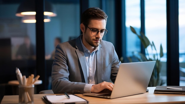 Uomo d'affari che lavora al portatile in ufficio