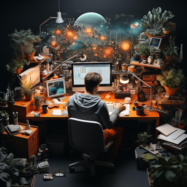Uomo d'affari che lavora alla sua scrivania con il suo computer e le forniture da ufficio