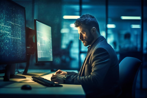 Uomo d'affari che lavora diligentemente su un computer in un ufficio moderno