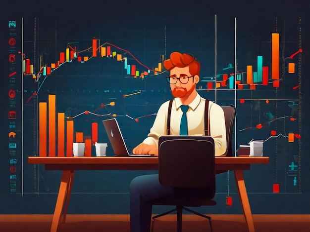 Uomo d'affari che lavora sodo stock mercato del commercio finanziario diagramma vettoriale illustrazione disegno piatto