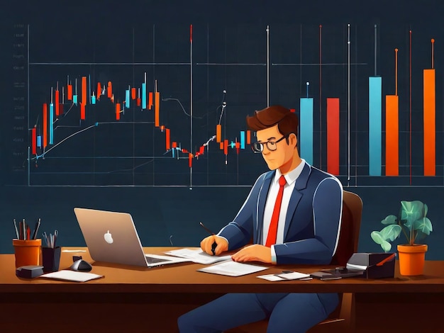 Uomo d'affari che lavora sodo stock mercato del commercio finanziario diagramma vettoriale illustrazione disegno piatto