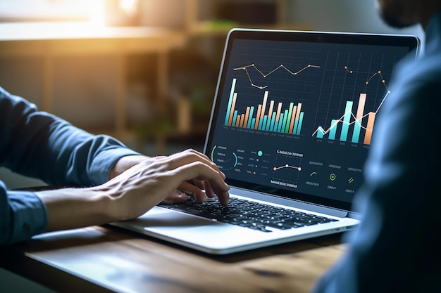 Uomo d'affari che lavora su un computer portatile che mostra i grafici aziendali IA generativa