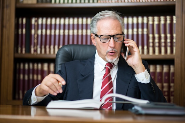 Uomo d&#39;affari che legge un libro mentre parla sul suo telefono cellulare