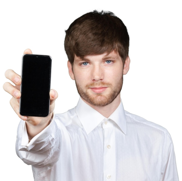 Uomo d'affari che mostra lo schermo vuoto dello smartphone