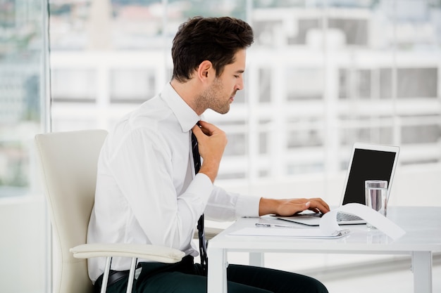 Uomo d'affari che per mezzo del computer portatile e prendendo le note