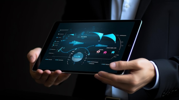 uomo d'affari che presenta un grafico sullo schermo di un tablet nello stile di composizione razionalista segni gestuali emotivi neri e azzurri