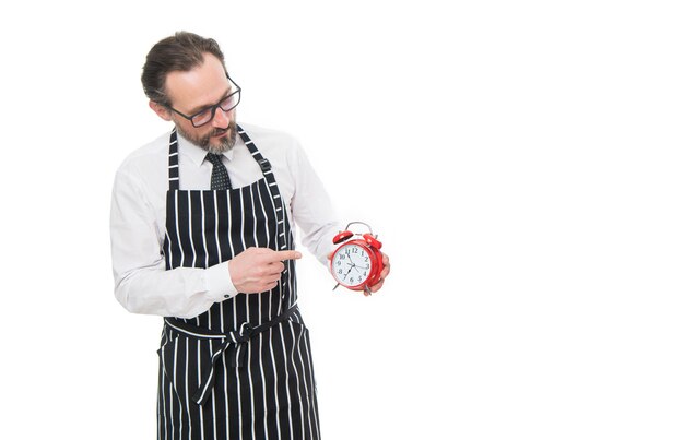 Uomo d'affari che punta il dito contro l'orologio Imprenditore Orari di lavoro copia spazio